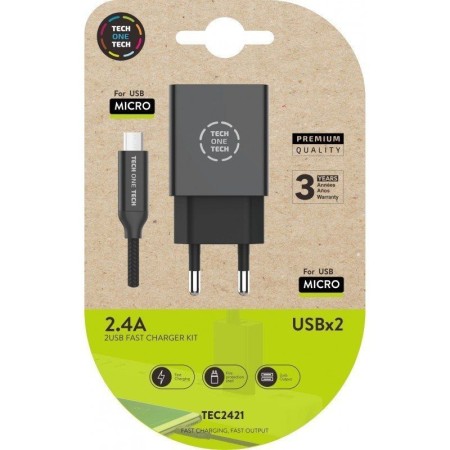 Carregador Tech One Tech 2xUSB + Cabo Micro USB 2.4A Preto