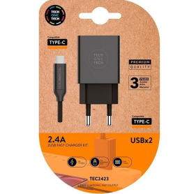 Carregador Tech One Tech 2 x USB + Cabo Usb-C Preto